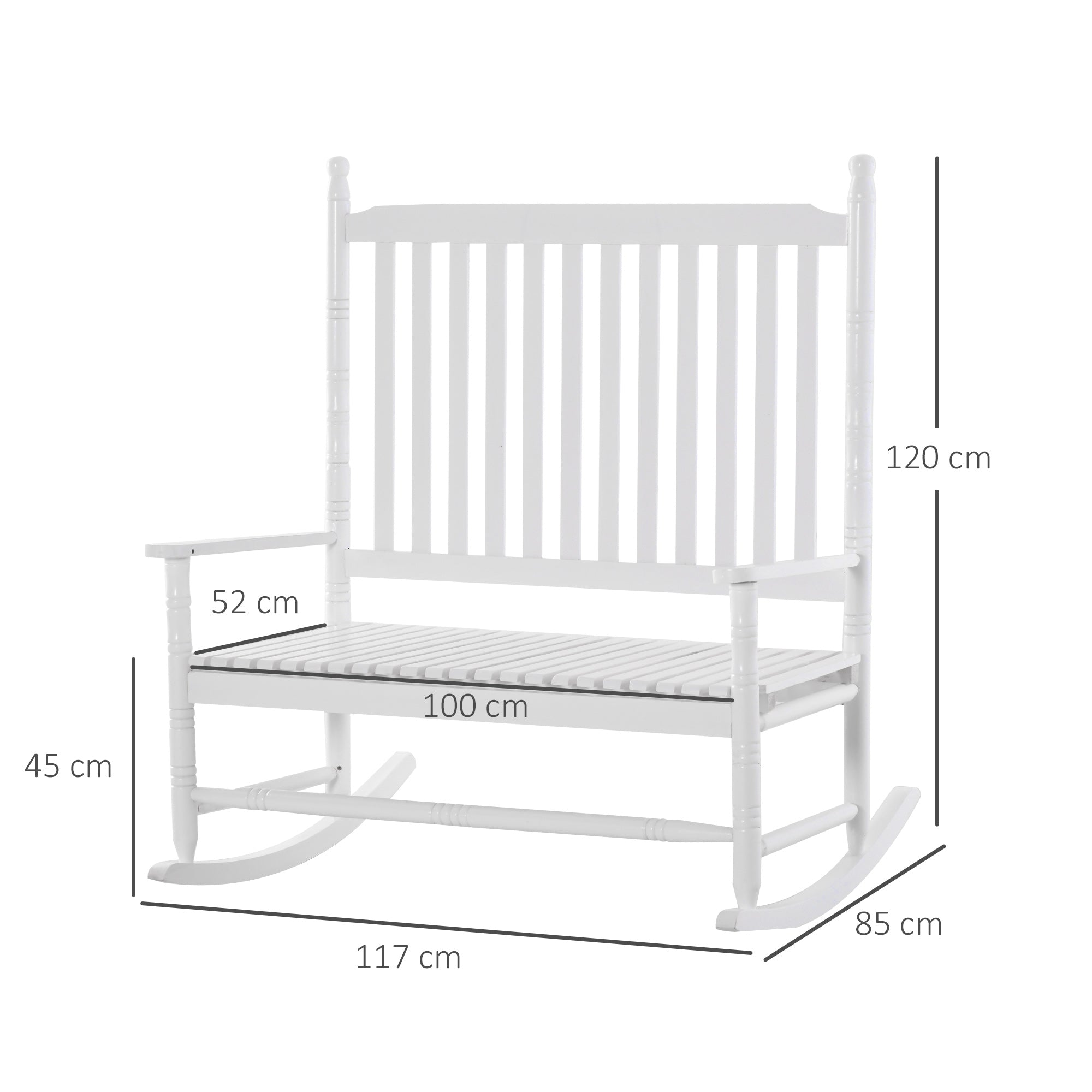 2-Seater Wooden Rocking Chair with High Back and Armrests, 117x85x120 cm, White