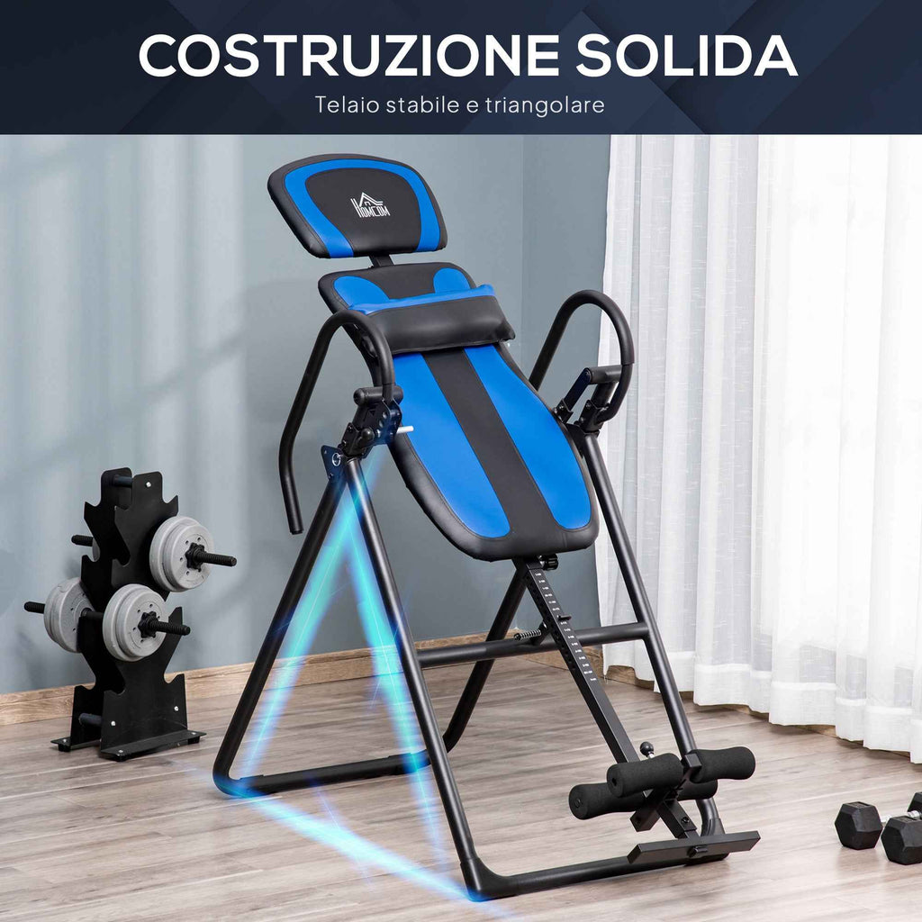 HOMCOM Folding Gravity Inversion Table with Adjustable Length (140-203cm) and Wheels, Black and Blue