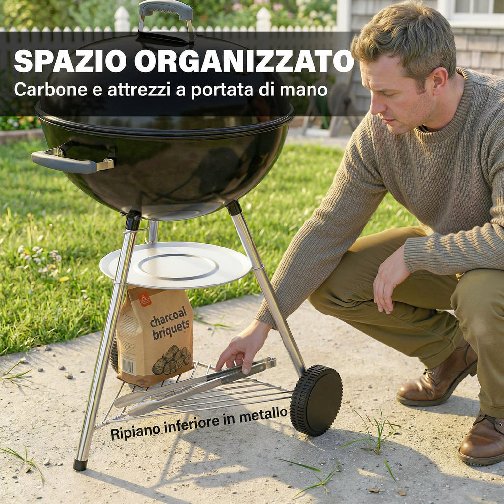 Outsunny Charcoal Barbecue with Round Outdoor Grill, Lid, Thermometer and Wheels, Black