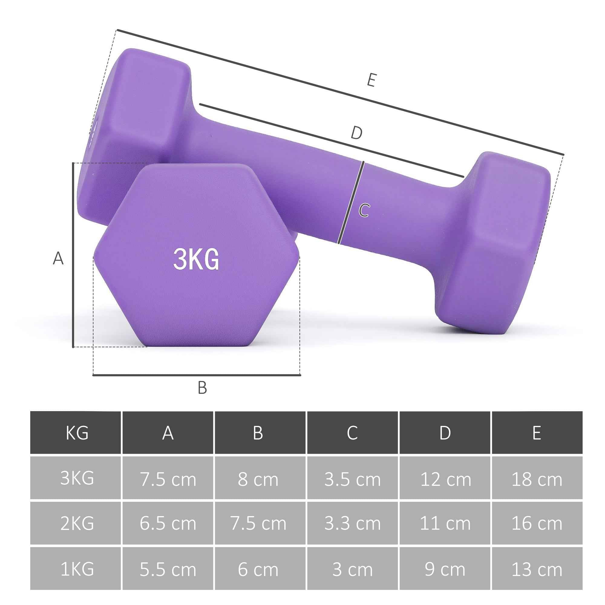 SPORTNOW Set of 6 Dumbbell Weights (2x1 kg, 2x2 kg, 2x3 kg) of 12 kg with Stand/Kettlebell, in Metal and PP Pink, Blue and Purple