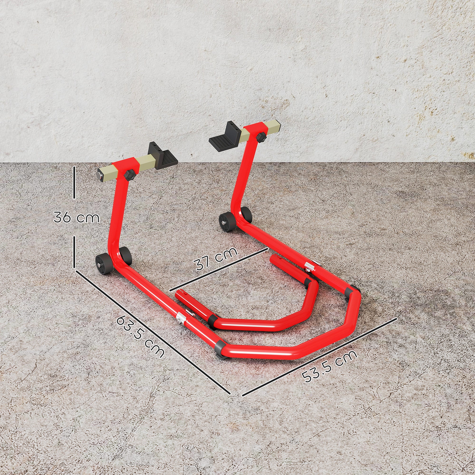 Motorcycle Front and Rear Stand with 390 kg Capacity, U and L Forks, Non-Slip Wheels and Pads, Red