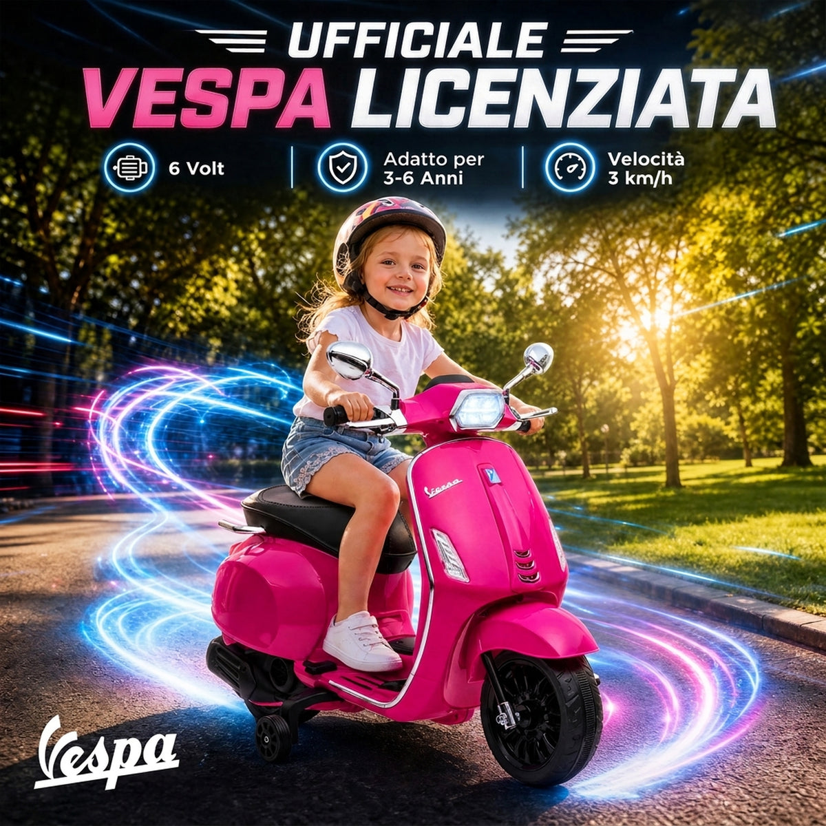 AIYAPLAY Licensed Children's Electric Motorcycle Vespa with Training Wheels, Headlight and Music, Made of PP and Metal, 107x47x73 cm, Pink
