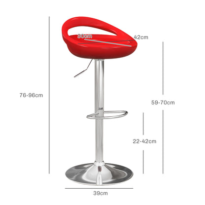 Set of 2 Swivel Bar Stools with Footrest, Adjustable Height, Steel Base, ABS Seat, Red