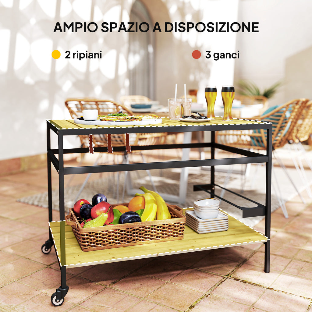 Outsunny Garden Food Cart in Wood with Slats and Steel, Shelf and Handle, 107x65x80 cm