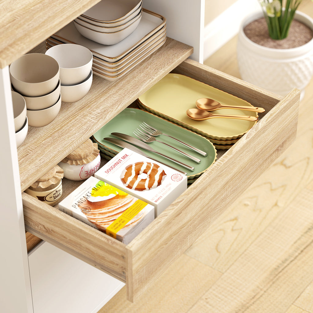 Wooden Microwave Cabinet with Shelf, Open Shelf, Drawer and Cabinet, 60x40x131 cm, White