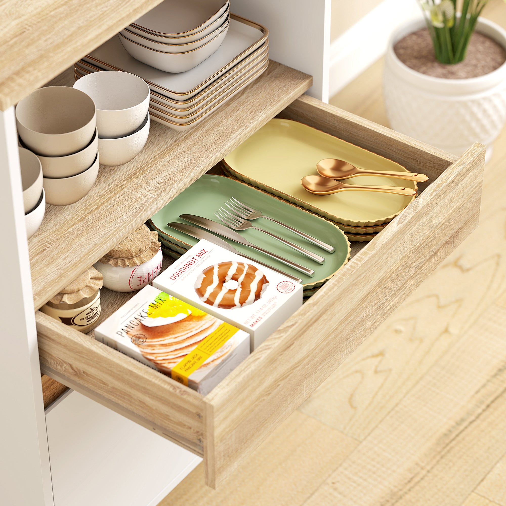 Wooden Microwave Cabinet with Shelf, Open Shelf, Drawer and Cabinet, 60x40x131 cm, White