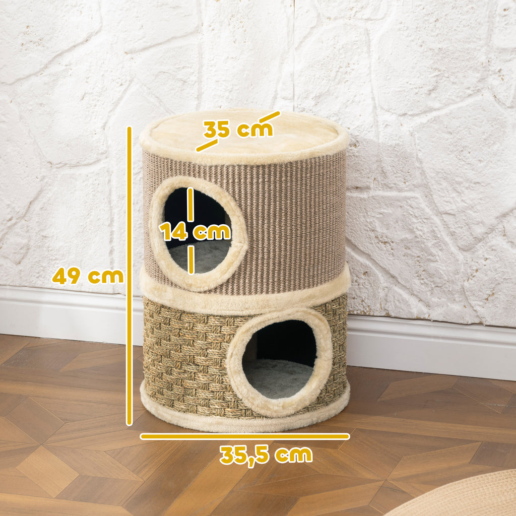 PawHut Cat Scratching Tower with 2 Nests, Sisal Rope and Seaweed, Plush Edge, Khaki