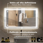 Bathroom Mirror with 3-Color Adjustable LED Lights and Anti-Shock Coating, Glass and Metal, 100x3x60 cm