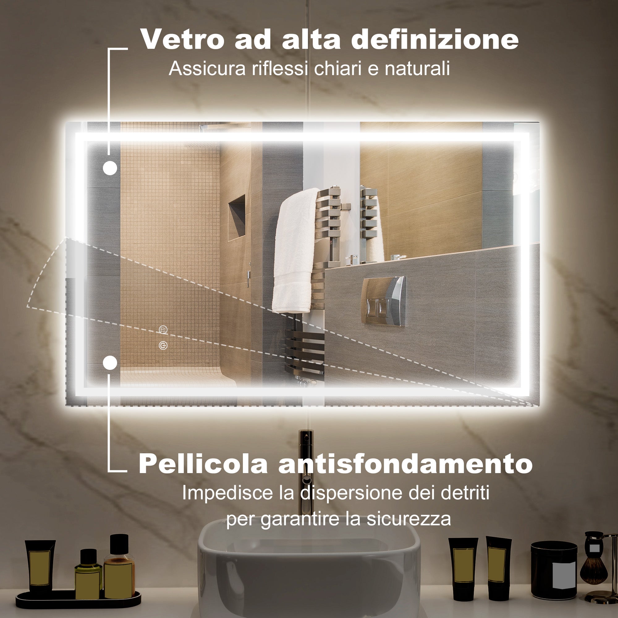 Bathroom Mirror with 3-Color Adjustable LED Lights and Anti-Shock Coating, Glass and Metal, 100x3x60 cm