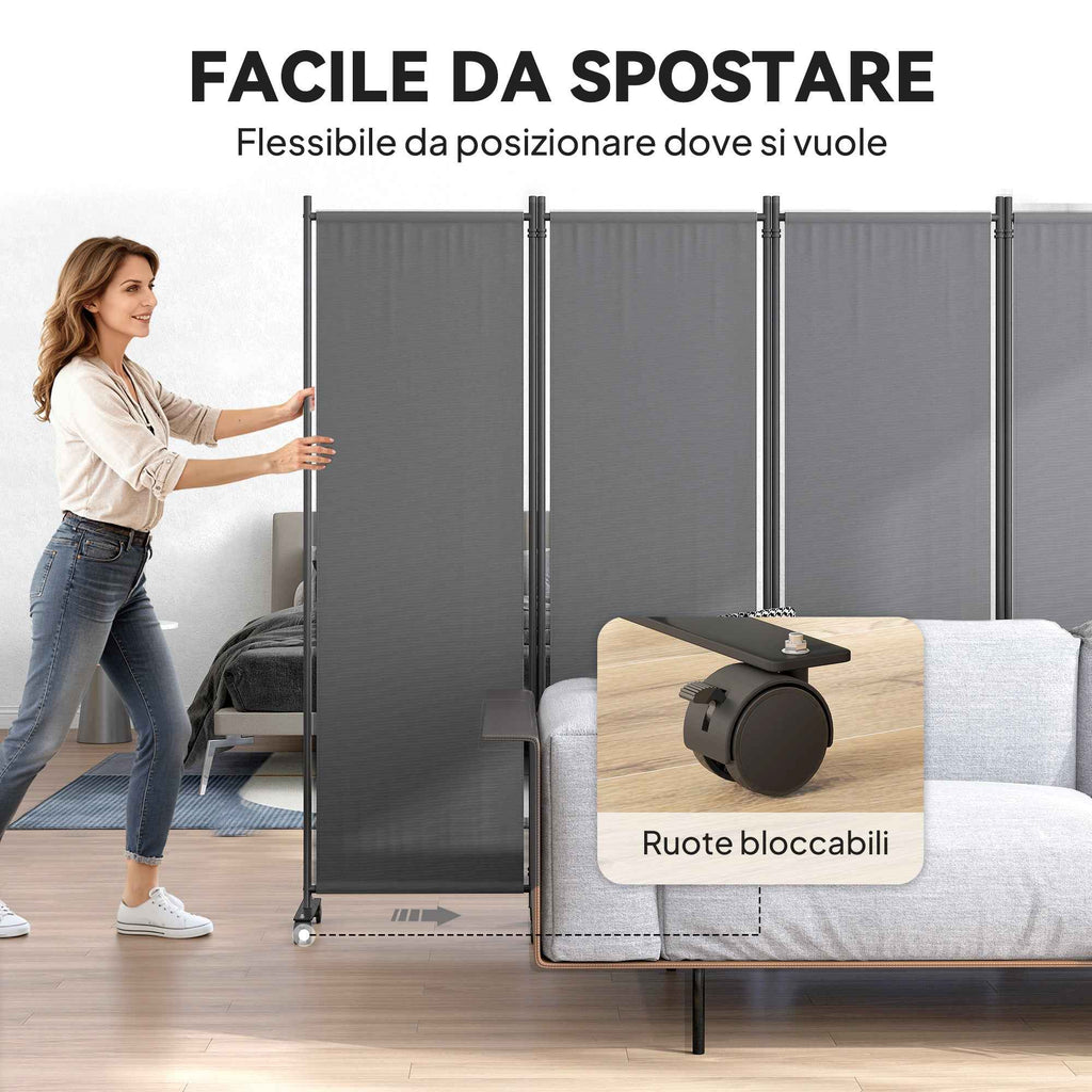 Outsunny 4-Panel Folding Indoor and Outdoor Screen with Wheels, 221 x 50 x 172 cm, Dark Grey