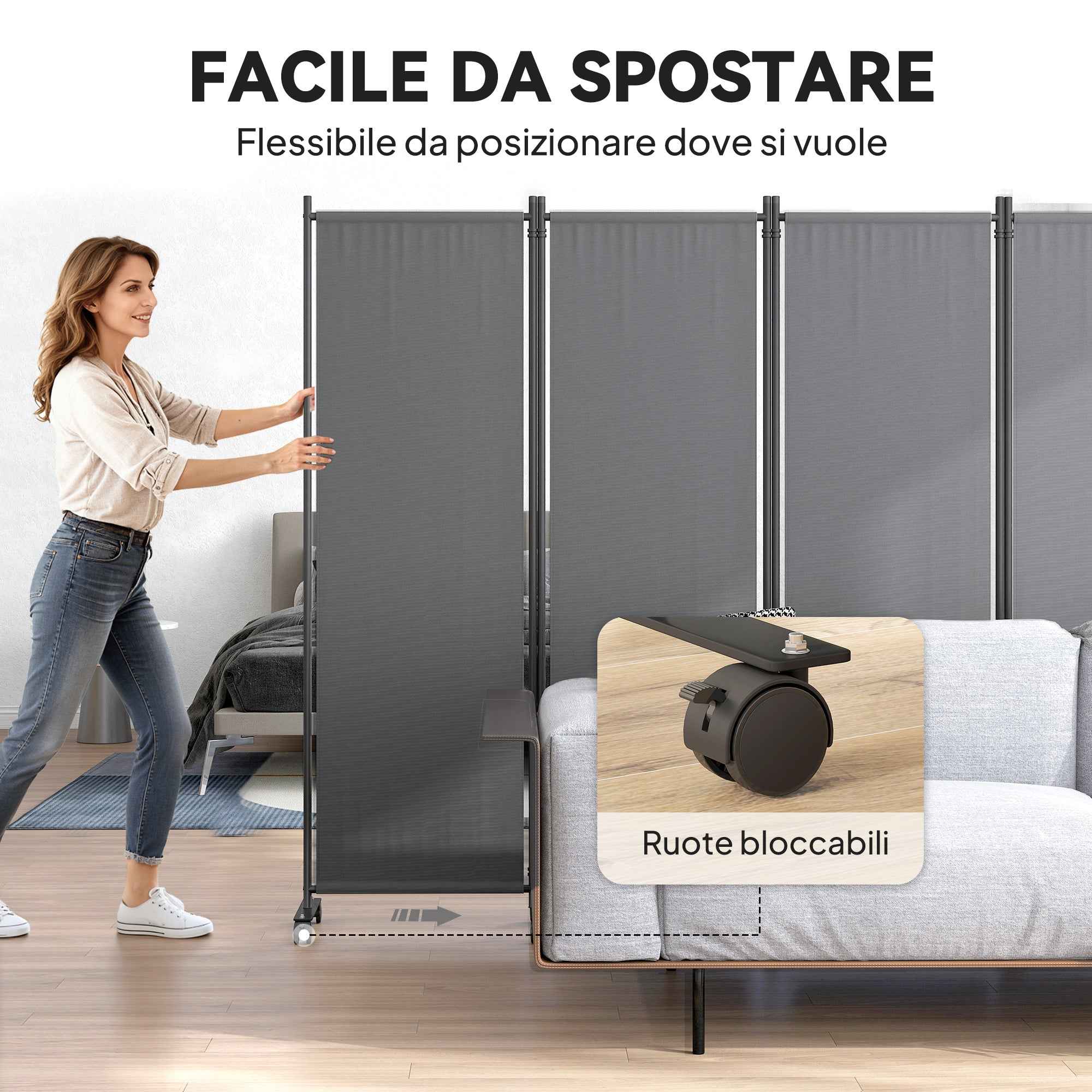 Outsunny 4-Panel Folding Indoor and Outdoor Screen with Wheels, 221 x 50 x 172 cm, Dark Grey