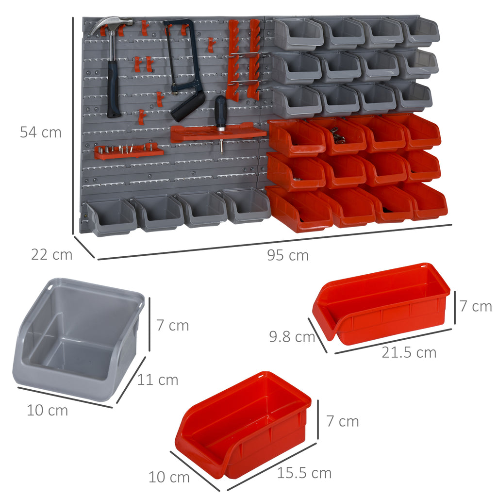 44PCS Adjustable and Removable Tool Boxes, Wall Mounted, PP, Red Grey, 54x22x95cm