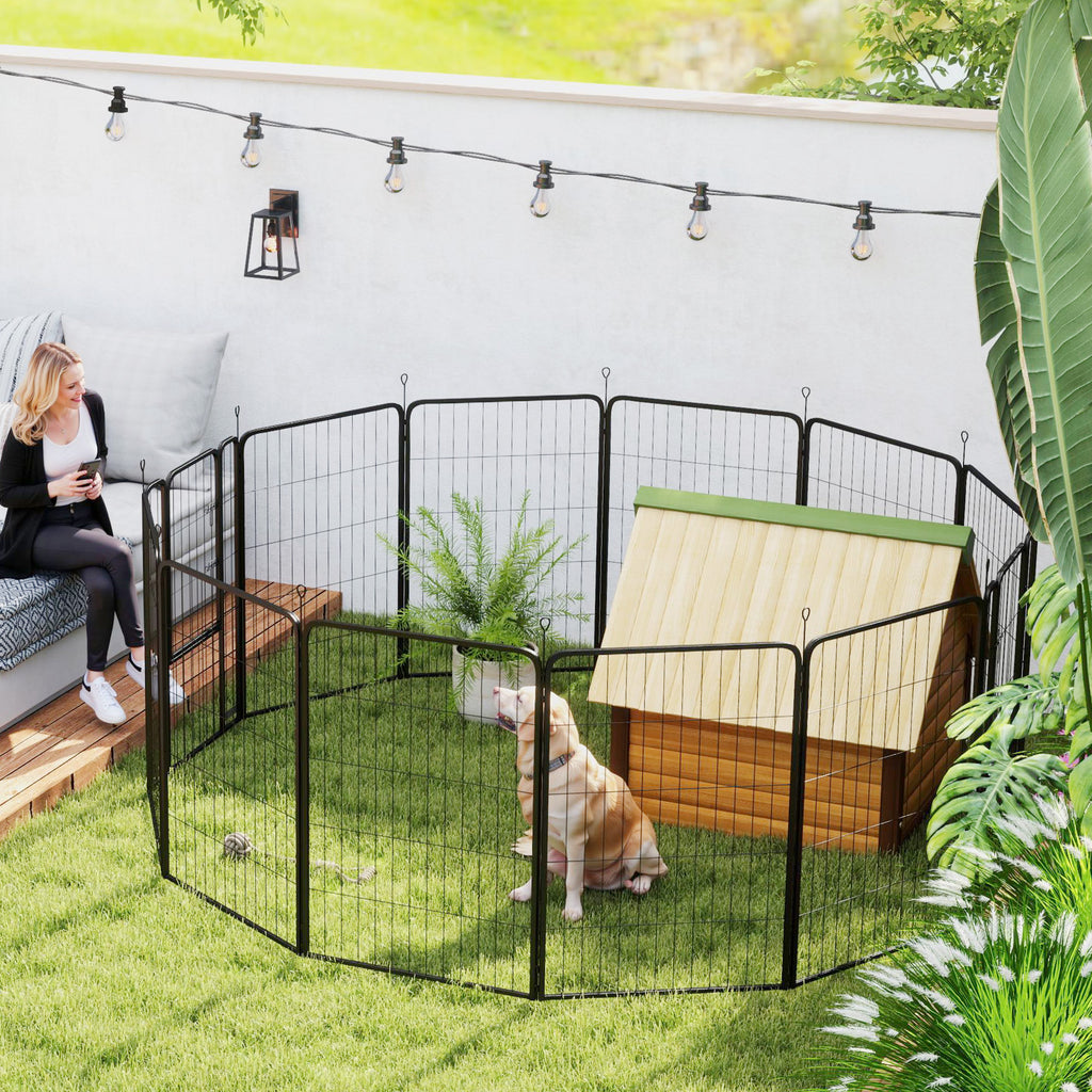 PawHut Folding Steel Dog Playpen with Pegs for Indoor and Outdoor Use, 68 x 100 cm, 12 Panels, Black