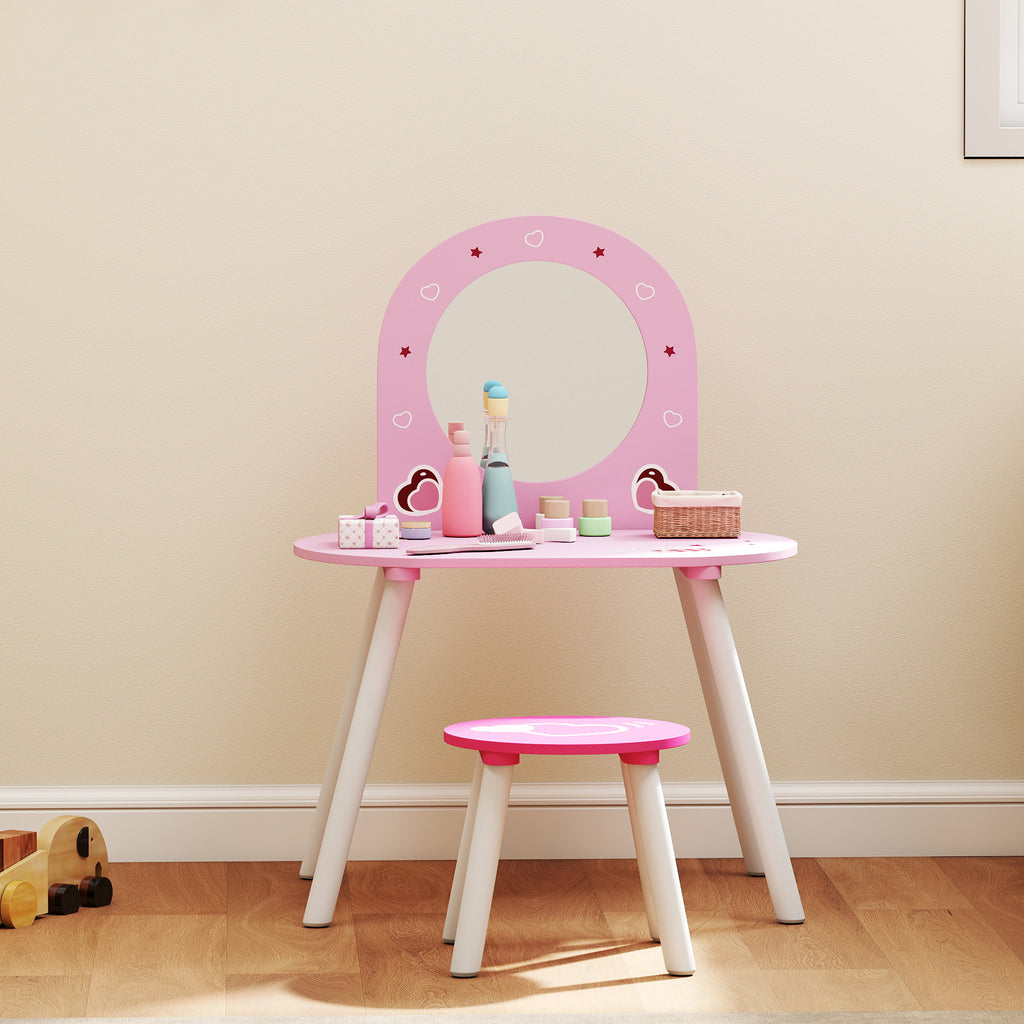 AIYAPLAY Girls' Makeup Vanity Set with Stool, Shatterproof Mirror, Heart Design, Pink