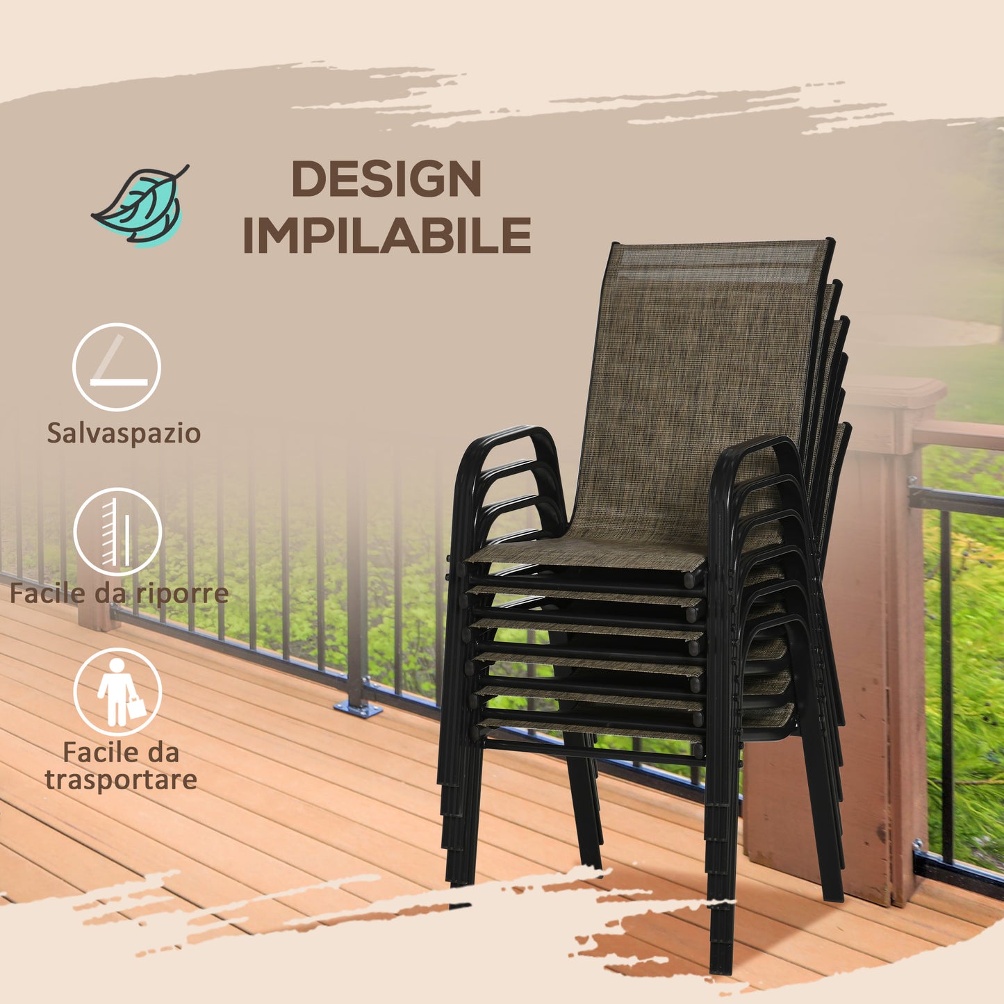 Outsunny Garden Chairs Set 6 pieces, outdoor outdoor chairs in metal and breathable fabric, brown - Borgè