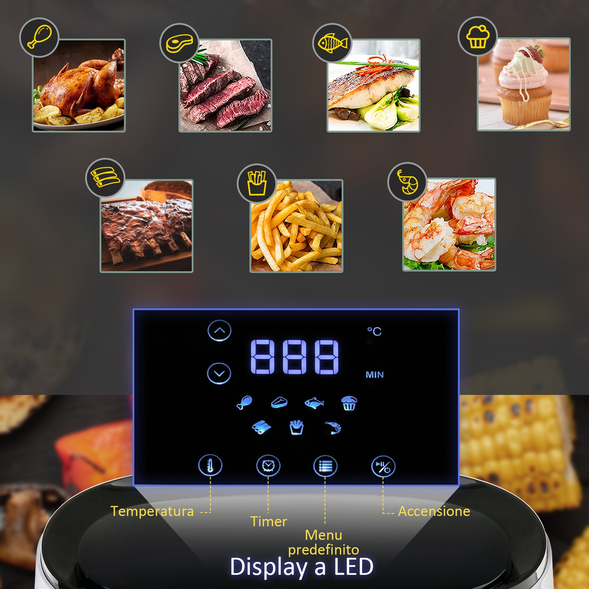 2.5L 1300W Air Fryer with 7 Menus, LED Screen and Pan, 24.9x33.9x29.9cm - Borgè