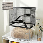 Hamster Cage 3 Floors with Wheels, 2 Platforms, Ramps, Bowl and Bottle, 58x43x74 cm, Black