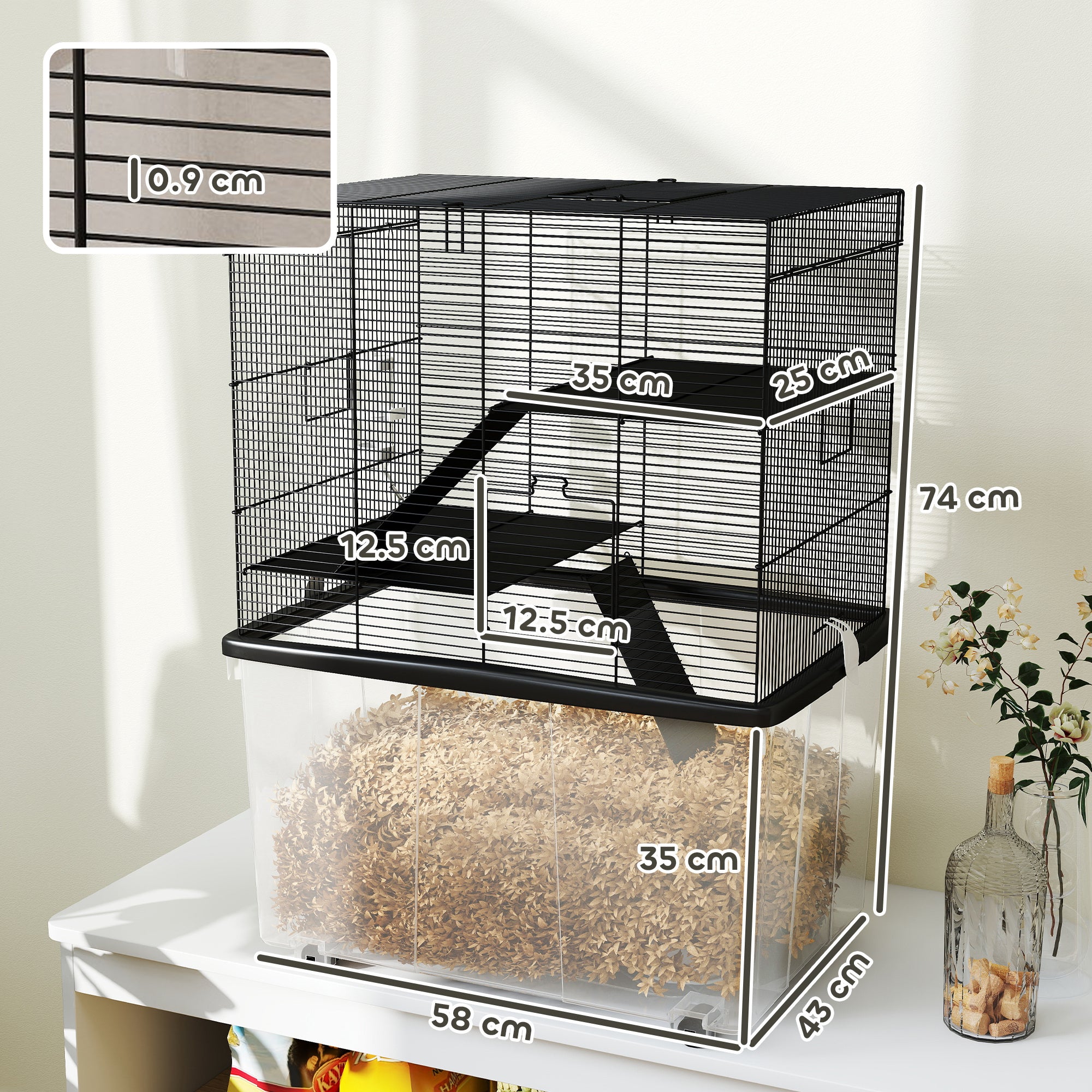 Hamster Cage 3 Floors with Wheels, 2 Platforms, Ramps, Bowl and Bottle, 58x43x74 cm, Black