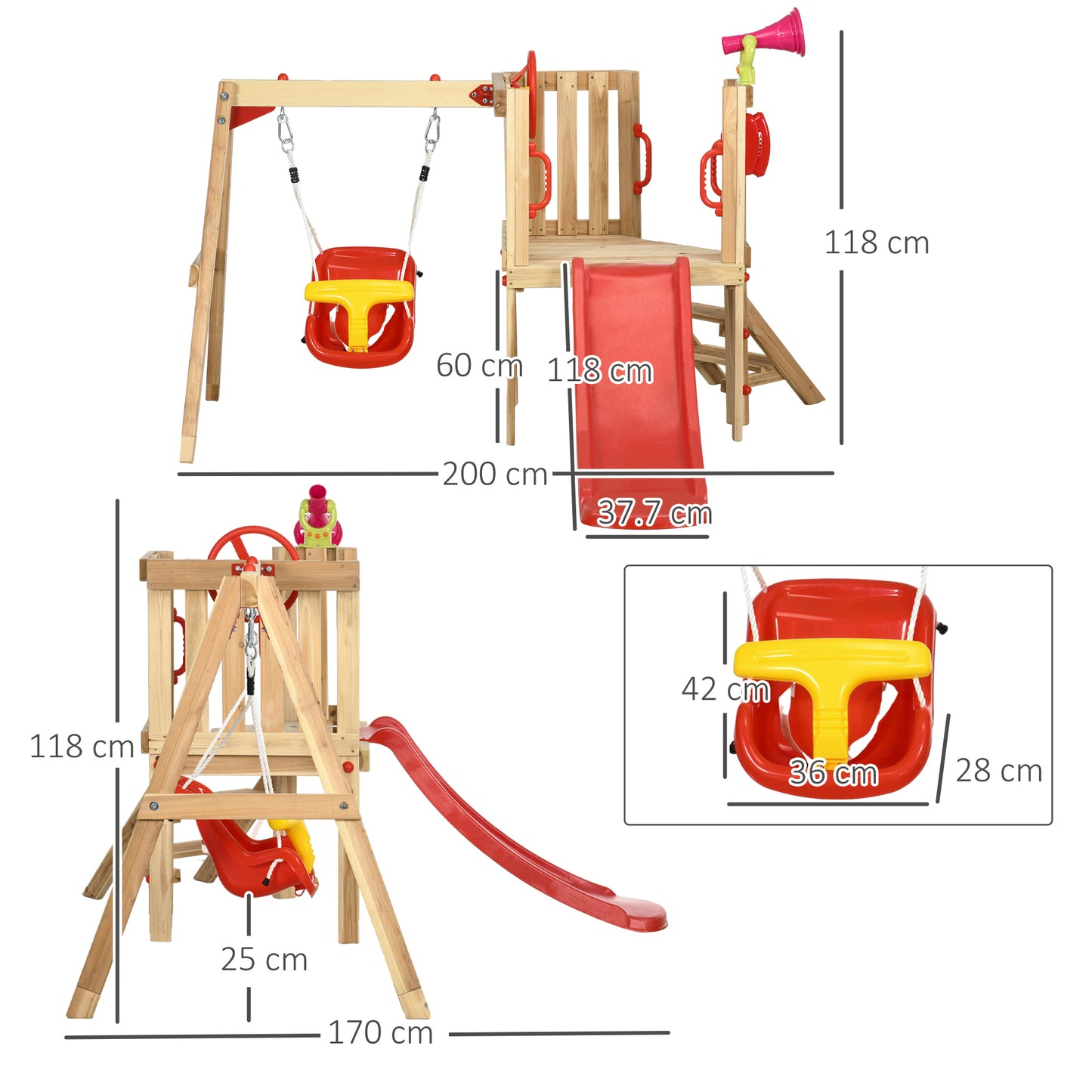 Outsunny set with slide and garden swing for children age 18-48 months, in wood and plastic, red - Borgè