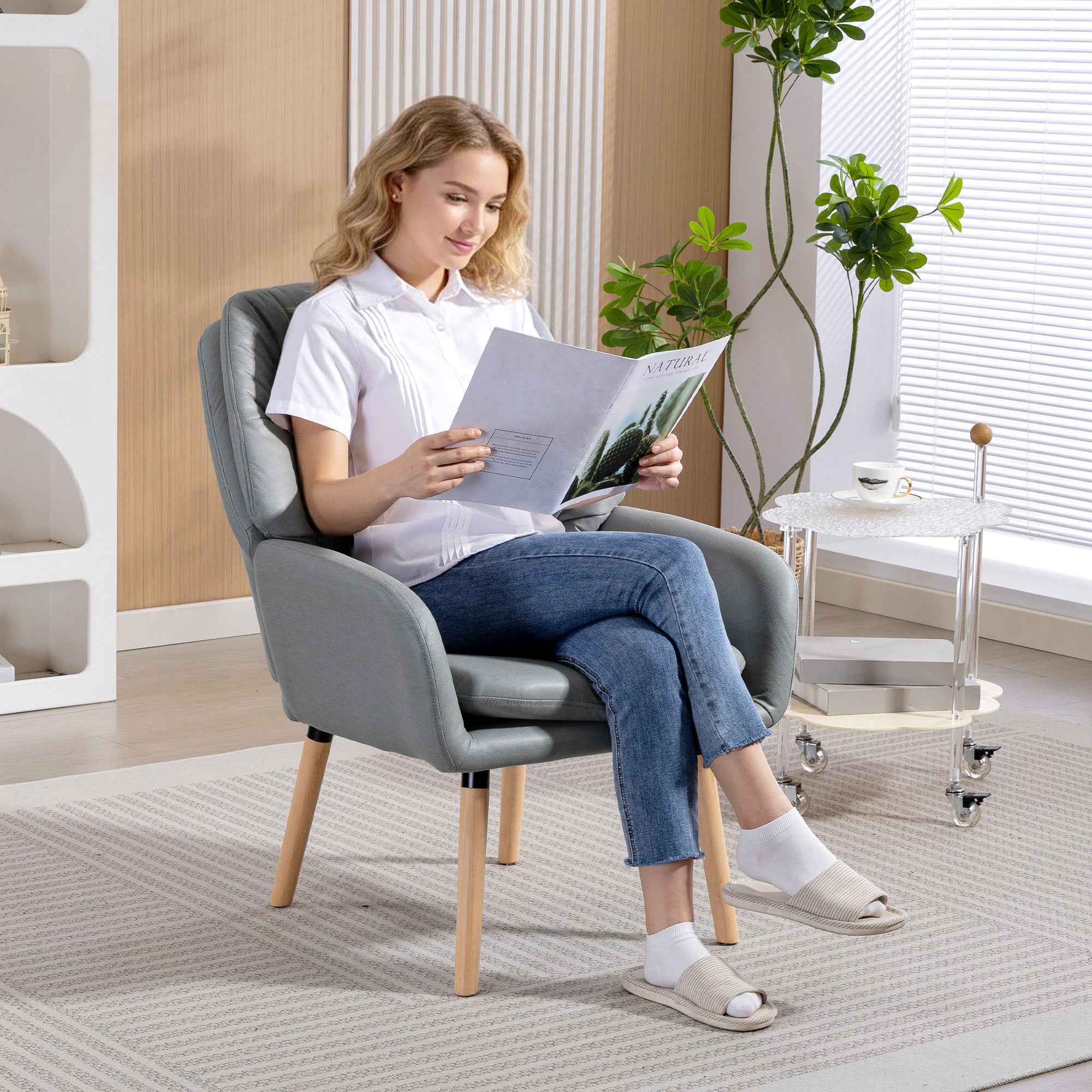 HOMCOM Modern High-Backed Bedroom Armchair with Double Padded Seat in Leather Effect Fabric, Grey