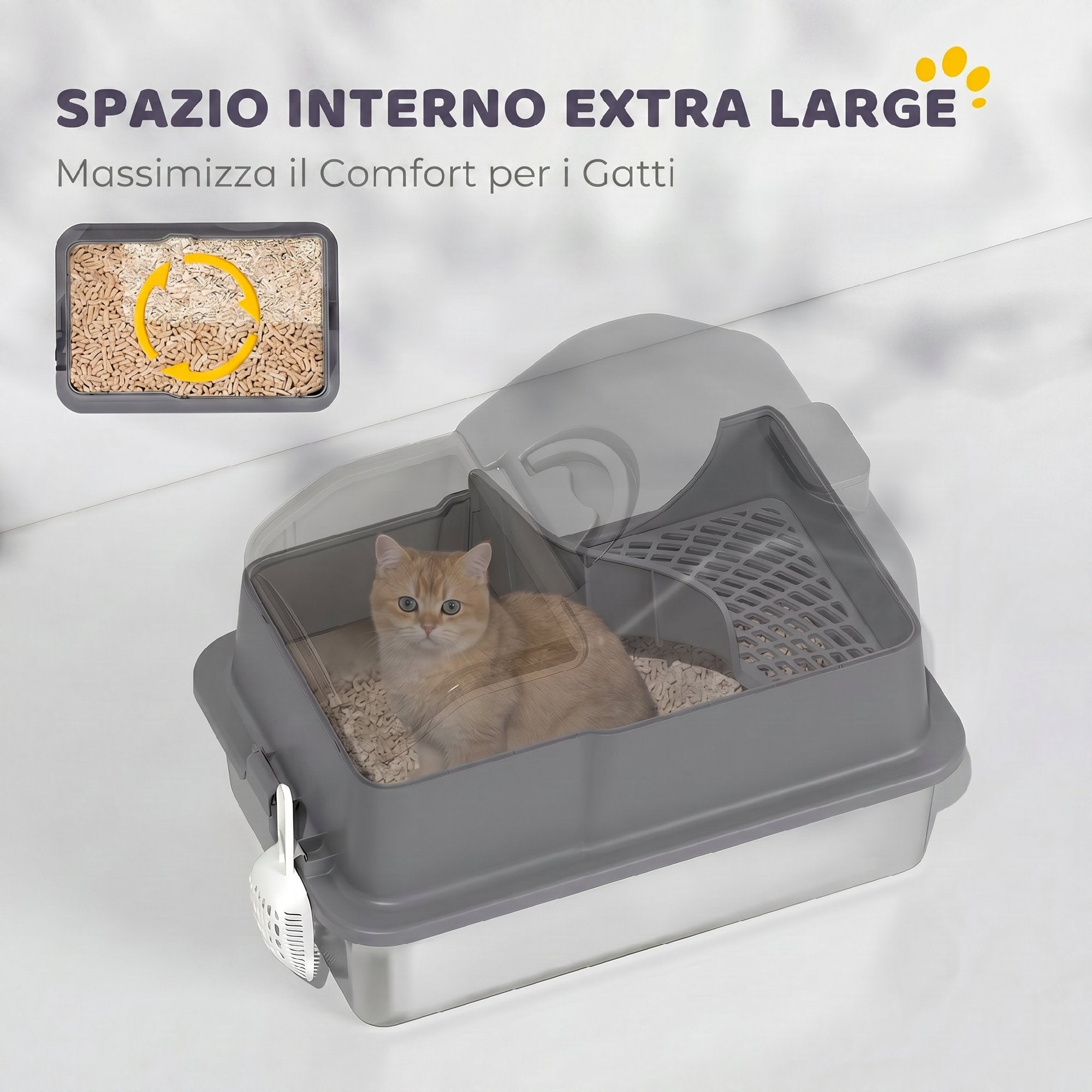 PawHut XL Stainless Steel Enclosed Cat Litter Box with Lid, Scoop, and Collection Mat, Dark Grey