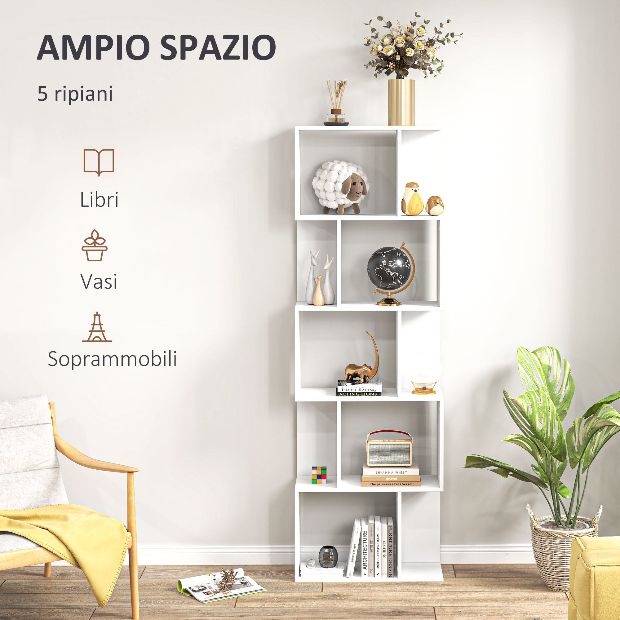 Wooden Bookcase Cabinet with 5 Shelves with Divider, 60x24x184.5 cm, White