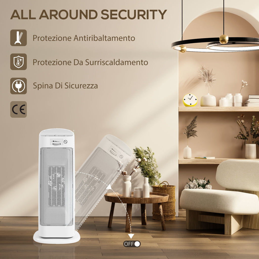 2000W Electric Ceramic Heater, 4 Modes and Adjustable Heating, 55° Oscillation, White