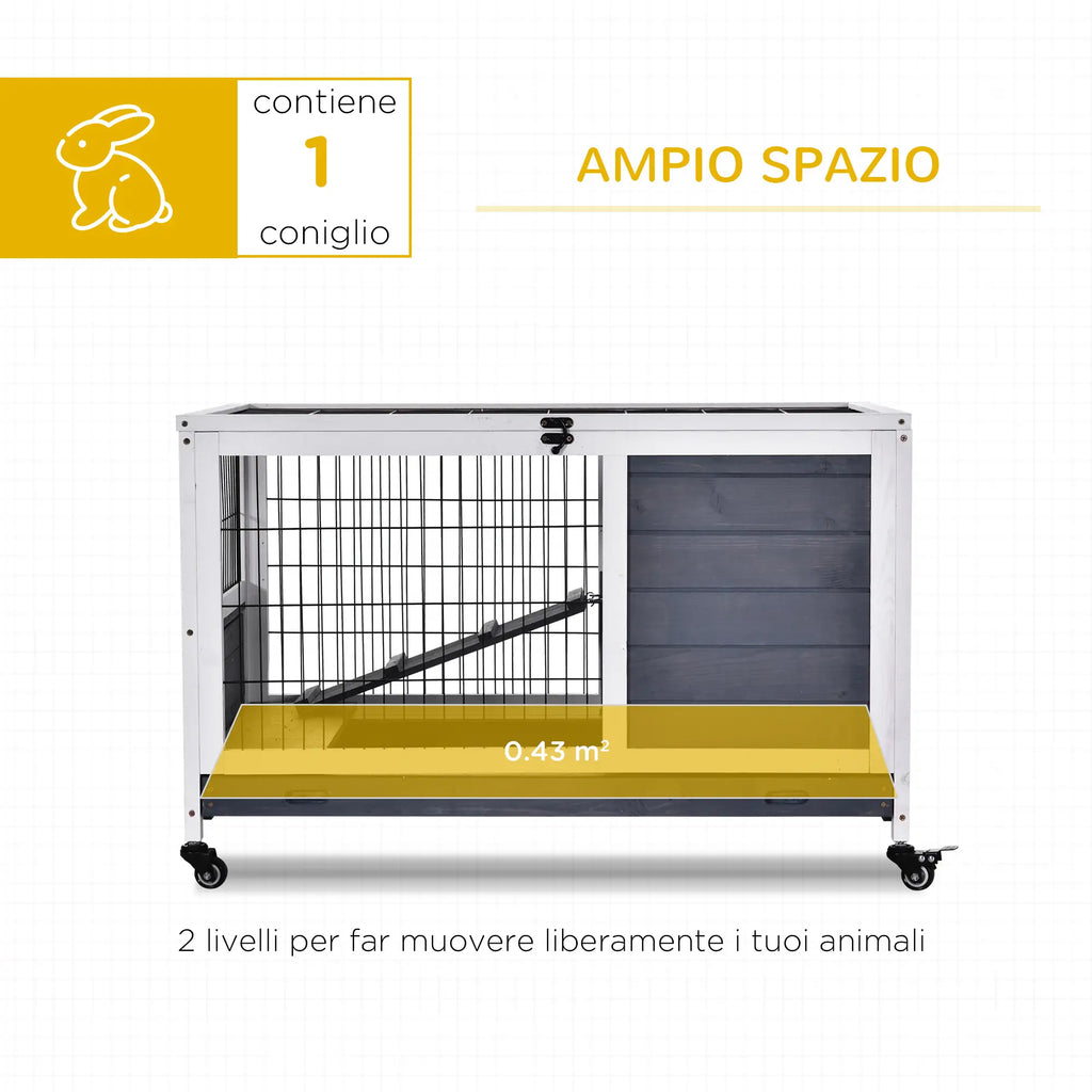 Rabbit and Guinea Pig Cage with 4 Wheels, House and Ramp, Natural Wood, Grey and White, 90x53x59cm - Borge' Group Limited
