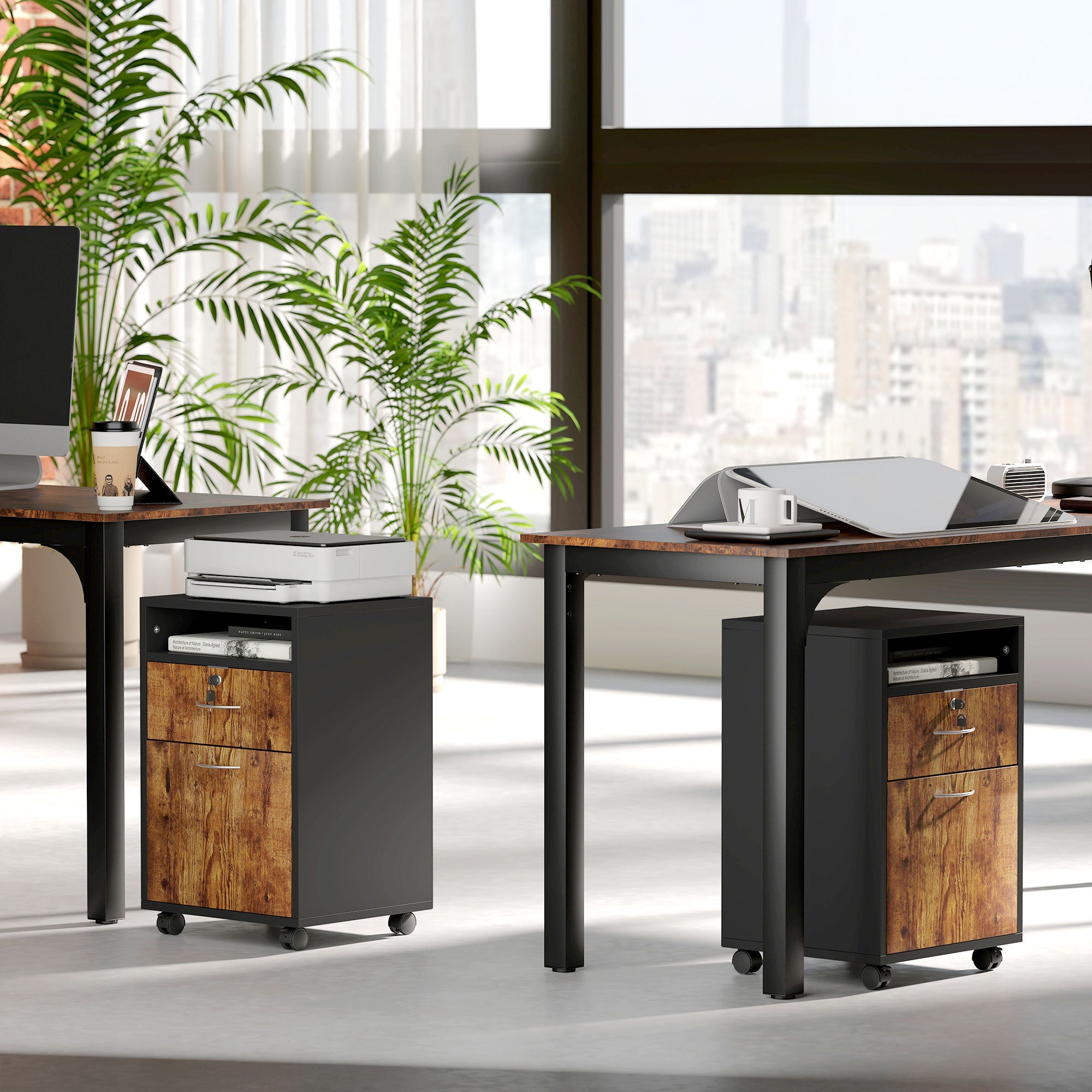 Office Cabinet with Open Shelf, Lockable Drawer and Cabinet, 40x35x60 cm, Brown