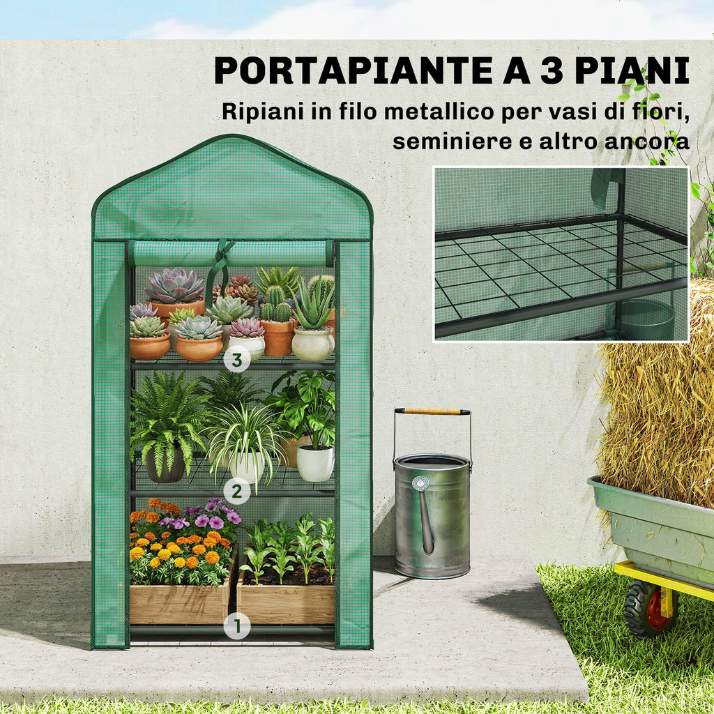 Outsunny Mini Garden Greenhouse with PE Cover, 3 Shelves and Roll-Up Door, 59x39x127cm, Green