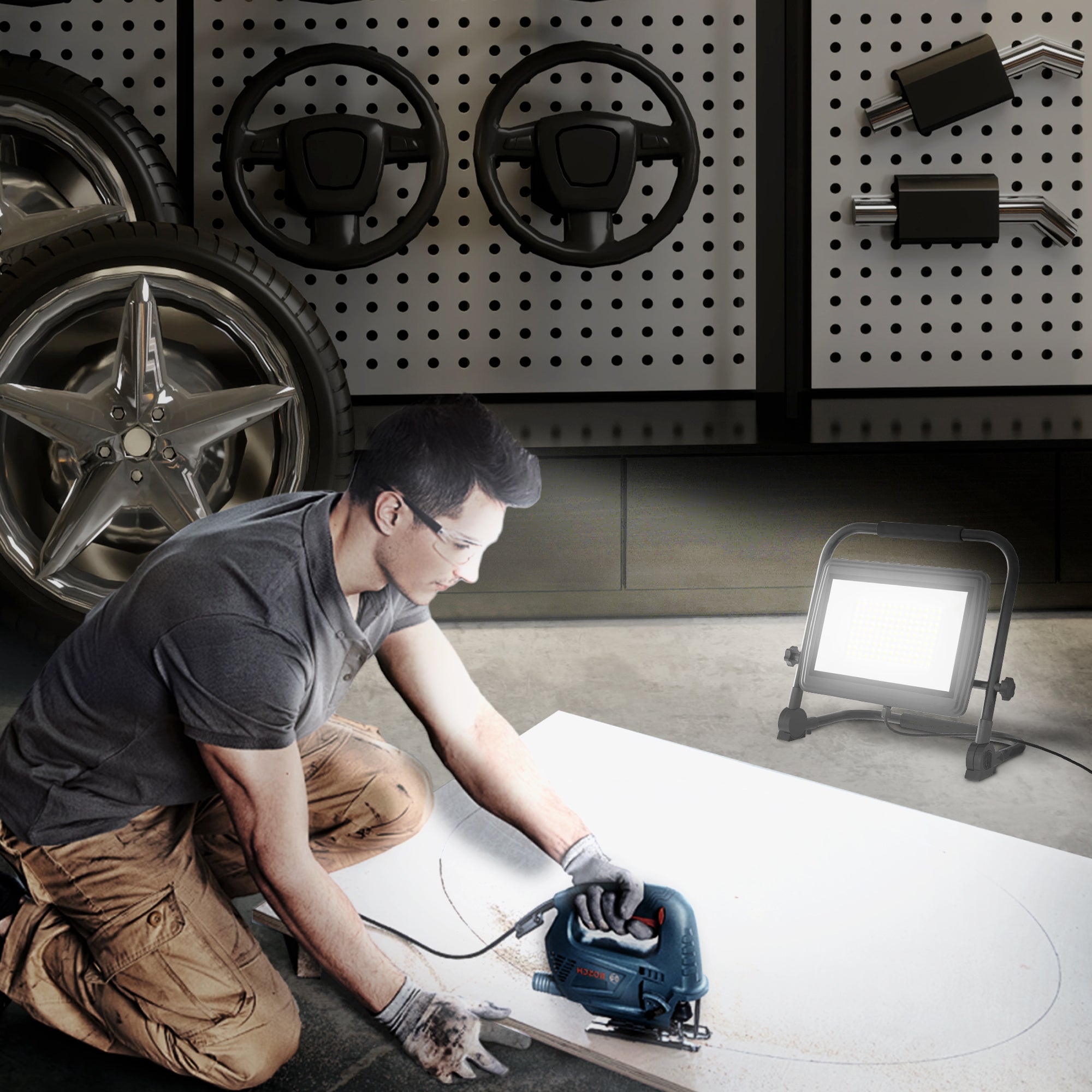 6500K LED Work Spotlight with Swivel Head and Adjustable Support, in Aluminum and Metal, 35x20x32 cm, Black