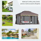 3x4m Garden Gazebo with Double Roof, Mosquito Net and Curtains, Aluminum and Polyester, Coffee Color