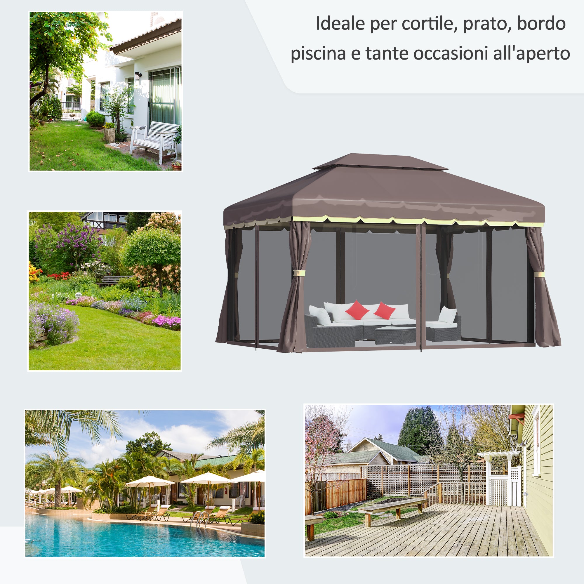 3x4m Garden Gazebo with Double Roof, Mosquito Net and Curtains, Aluminum and Polyester, Coffee Color