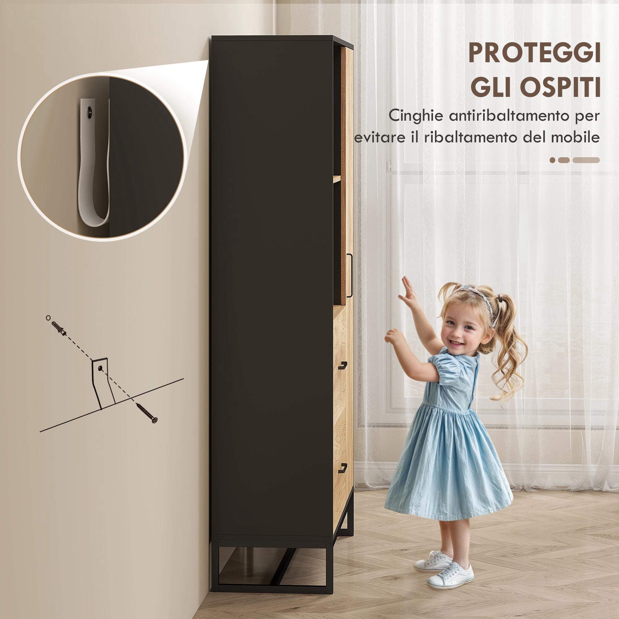 Modern Kitchen Sideboard with 2 Drawers, 2 Shelves and a Cabinet, 88x35x160 cm, Wood and Black