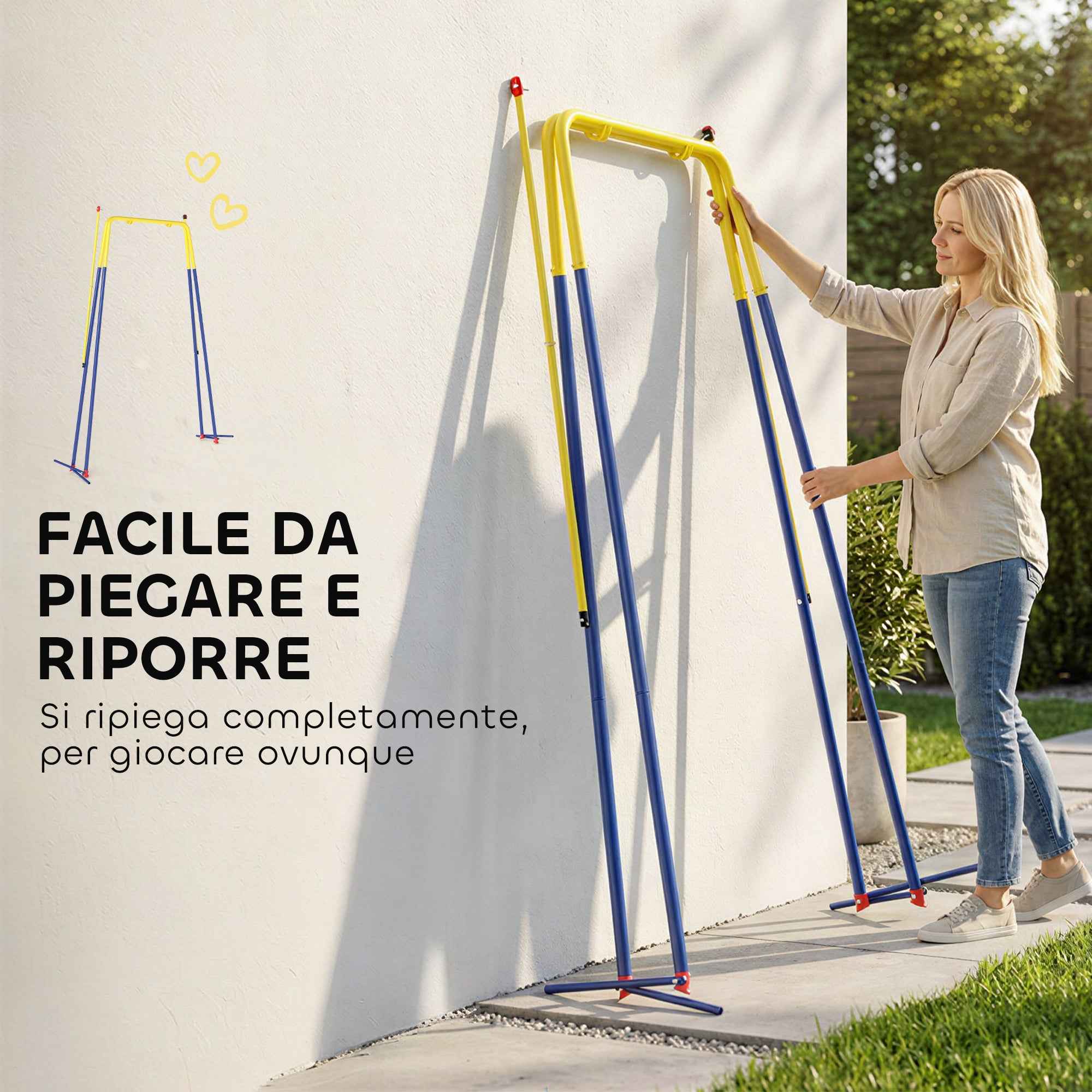 AIYAPLAY Garden Swing Frame with 2 Hooks, Steel, 128x155x157 cm, Yellow and Blue