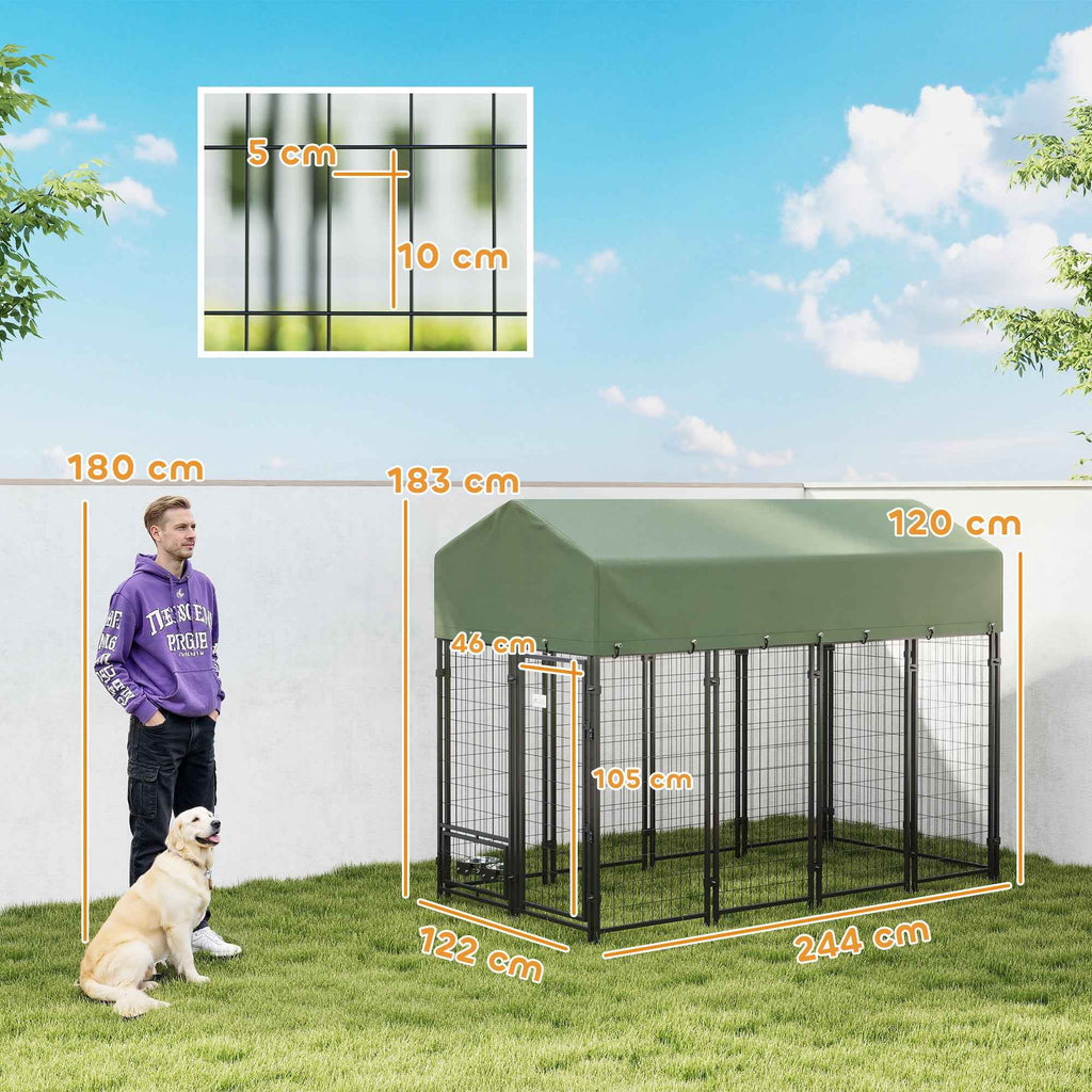 PawHut Outdoor Steel Dog Playpen with Oxford Fabric Roof, Anti-UV, Waterproof, 2 Bowls, Green