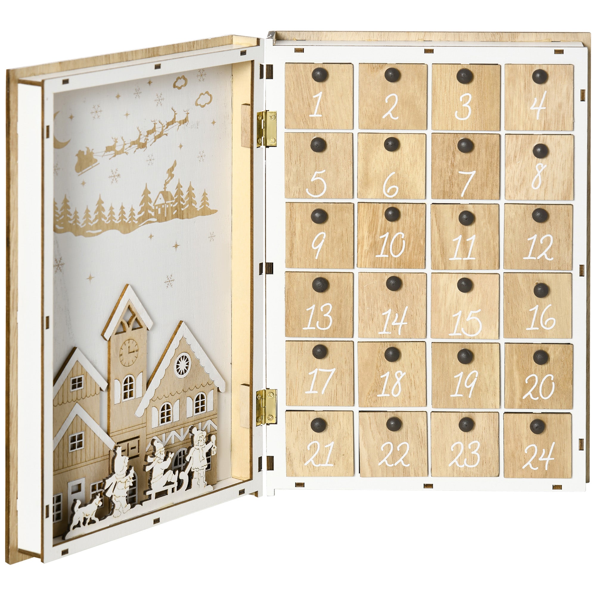 Wooden Christmas Advent Calendar in the Shape of a Book with Christmas Themes, 22x7x32 cm, White and Wood Color