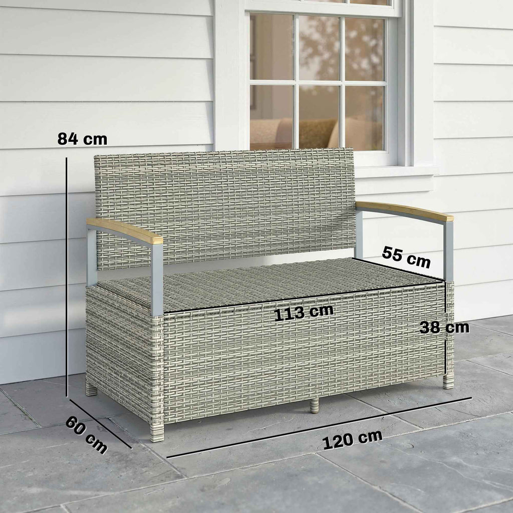 Outsunny 170L Garden Bench, 2 Seater Rattan with Cushion, Light Grey