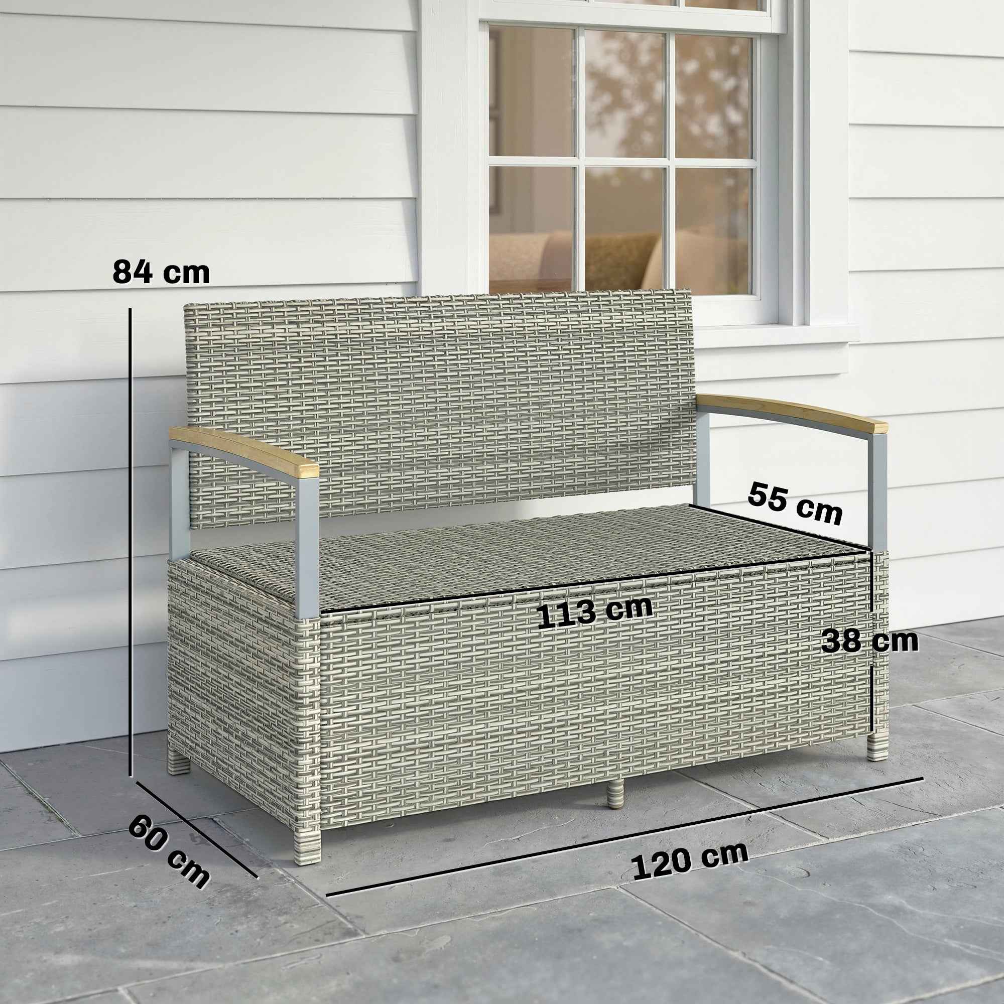 Outsunny 170L Garden Bench, 2 Seater Rattan with Cushion, Light Grey