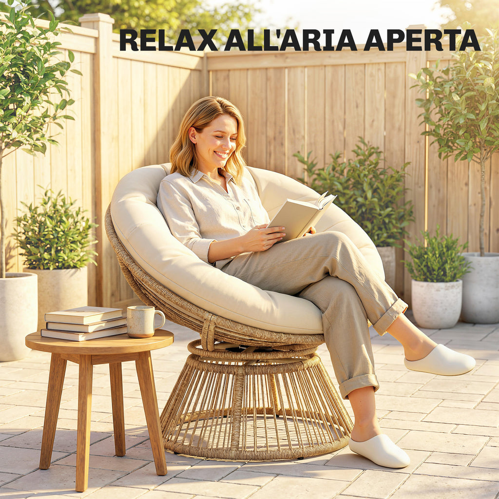 Outsunny Papasan Rattan 360° Moon Chair with Cushion Indoor/Outdoor, Cream White