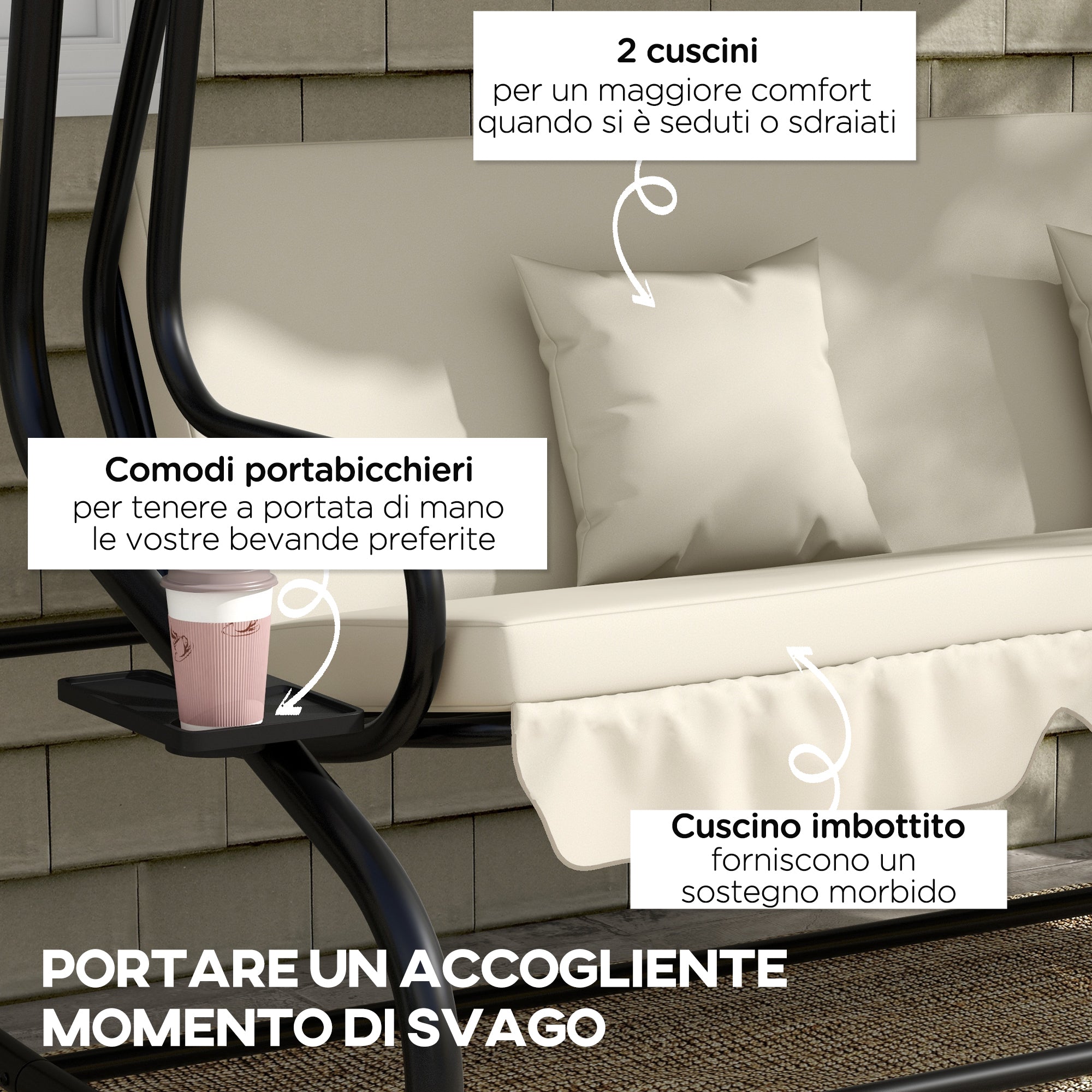 Outsunny Garden Swing Bed with Adjustable Canopy and Trays, Steel and Teslin, 200x120x164 cm, Cream