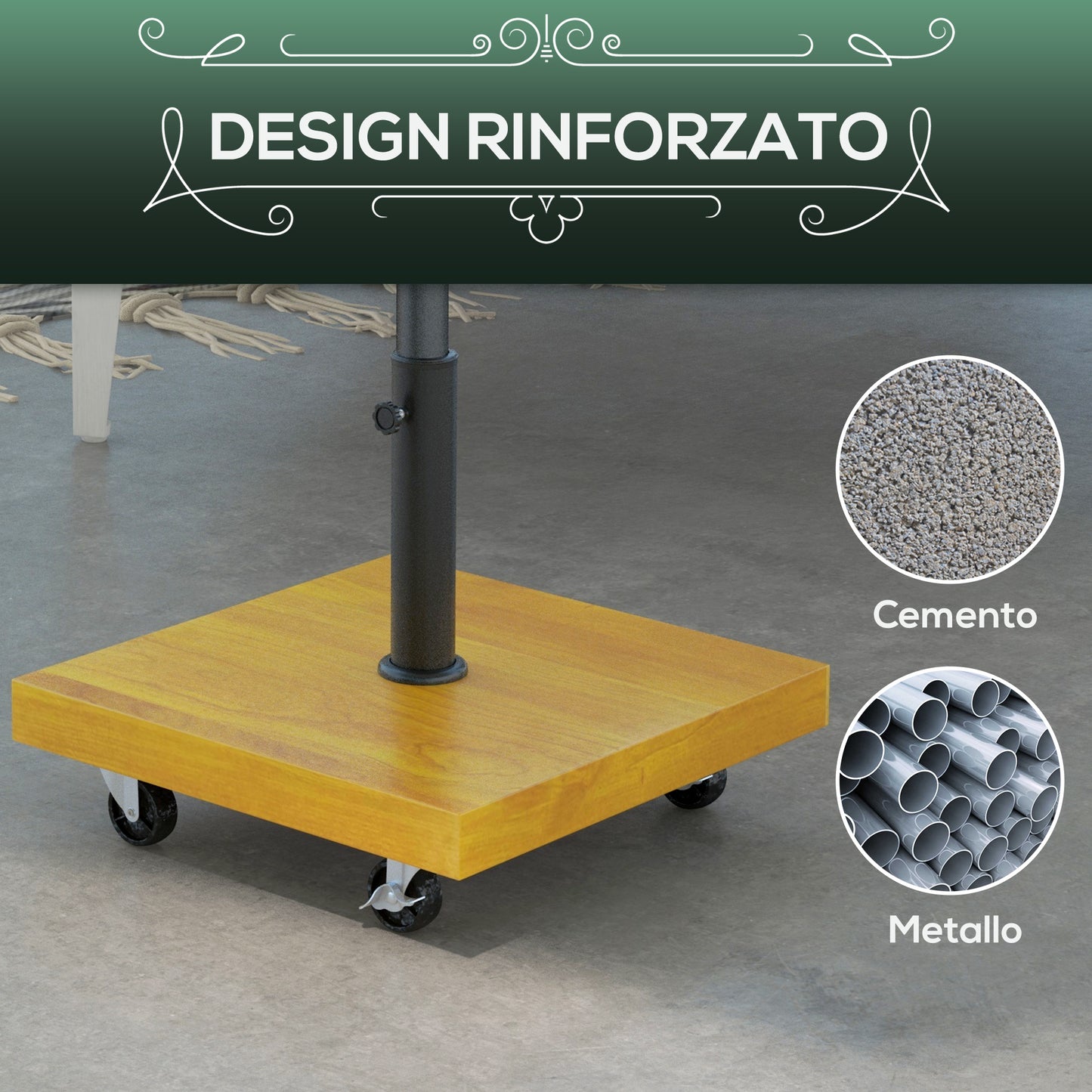 25kg Metal and Concrete Umbrella Base with Wheels and Wood Effect, 45x45x36.5cm, Yellow