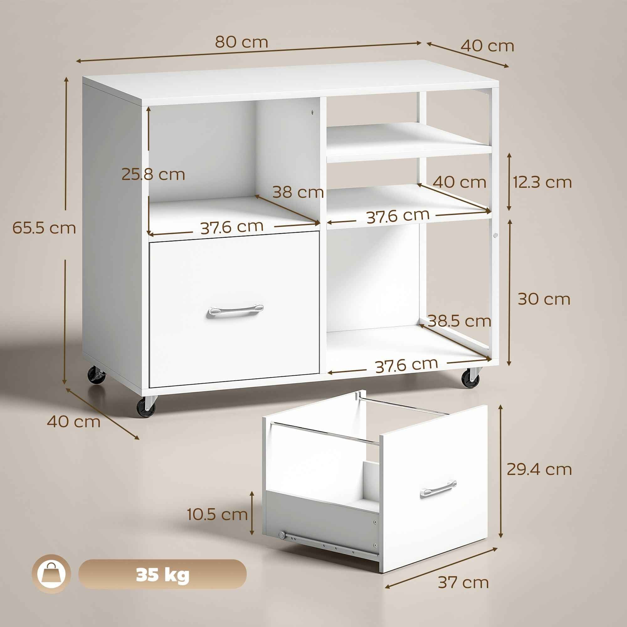 HOMCOM A4 Printer Table with Wheels and Drawer for Home and Office