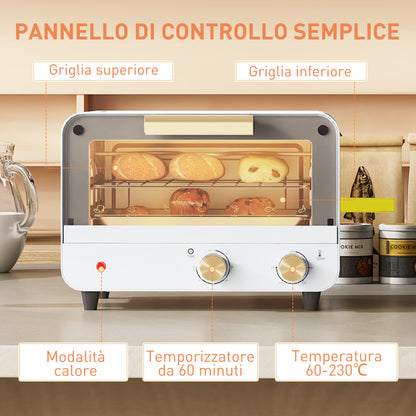 12L Electric Oven with Timer and Adjustable Temperature, in Steel and Plastic, 31.5x27.7x22.7 cm, White and Gold