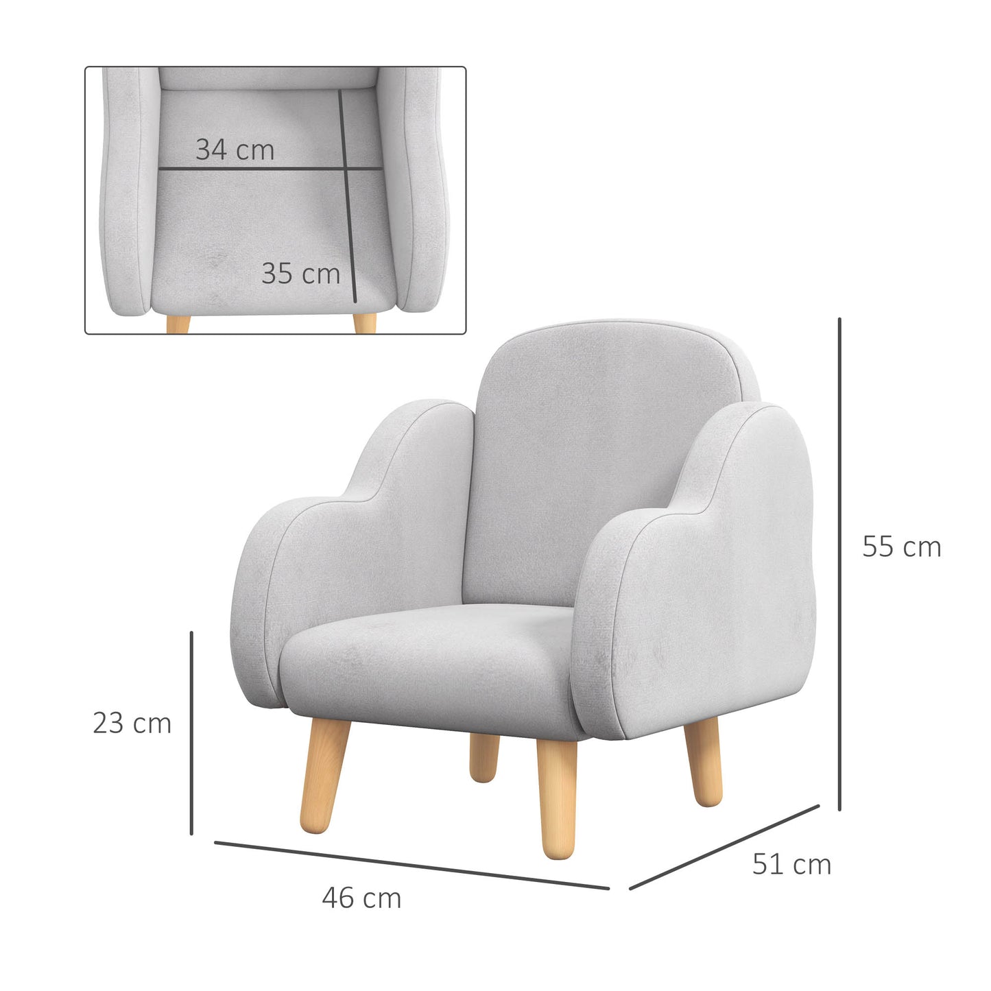 ZONEKIZ Armchair for Children up to 3 Years with Cloud-Shaped Armrests in Fabric, 46x51x55cm, Gray