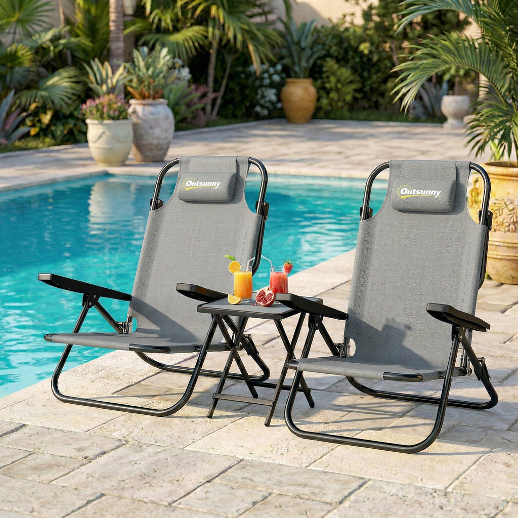 Outsunny Set of 2 Portable Camping Chairs, Folding Beach Chairs, Adjustable Backrest, Light Grey.