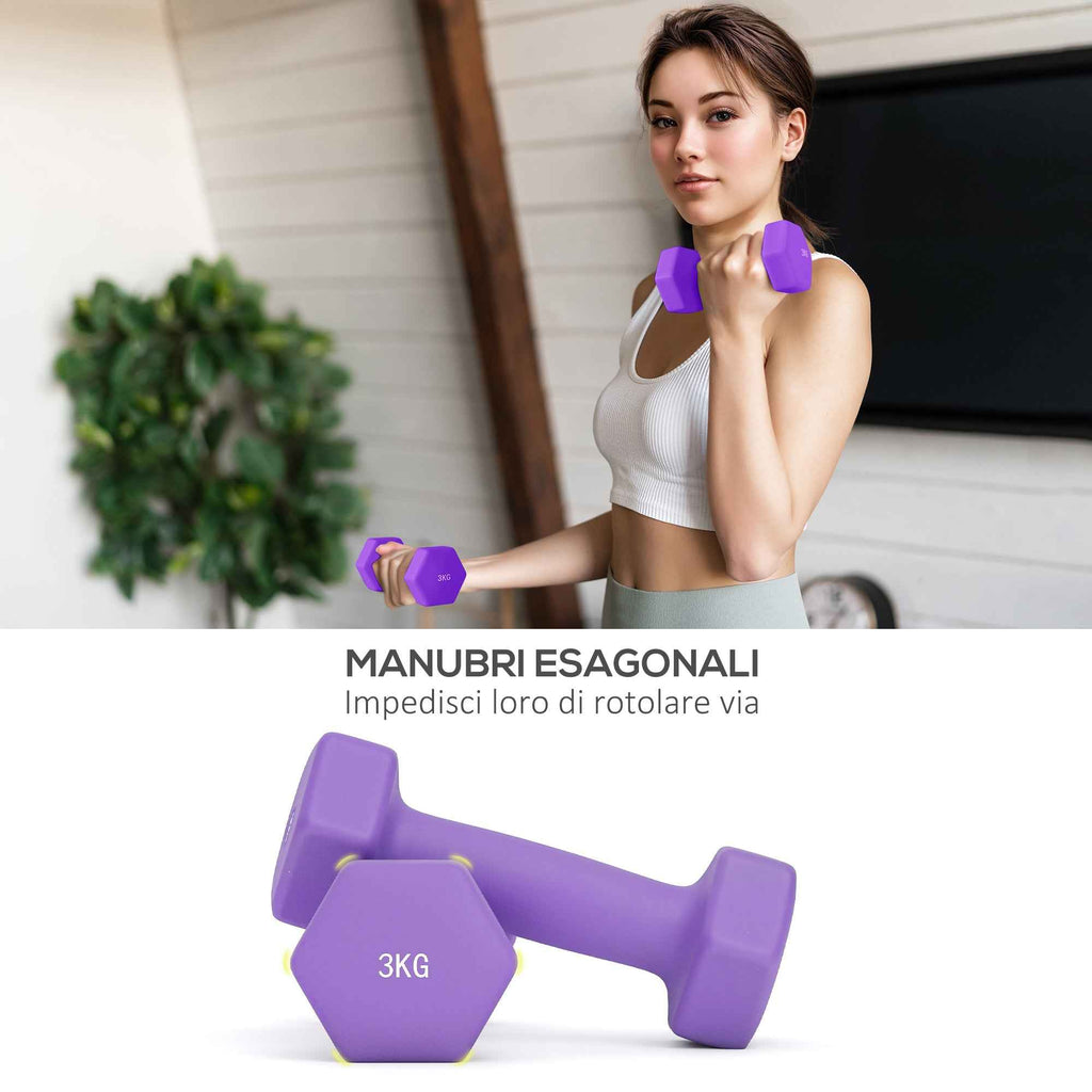 SPORTNOW Set of 6 Dumbbell Weights (2x1 kg, 2x2 kg, 2x3 kg) of 12 kg with Stand/Kettlebell, in Metal and PP Pink, Blue and Purple
