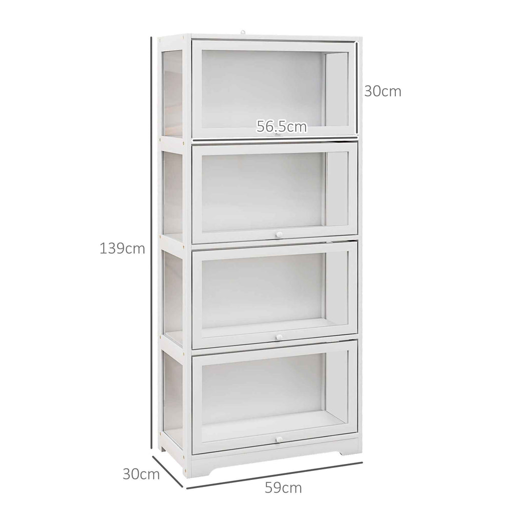 HOMCOM 4-Tier Collection Display Cabinet with Hinged Doors, Wood and Acrylic, 59x30x139 cm, White