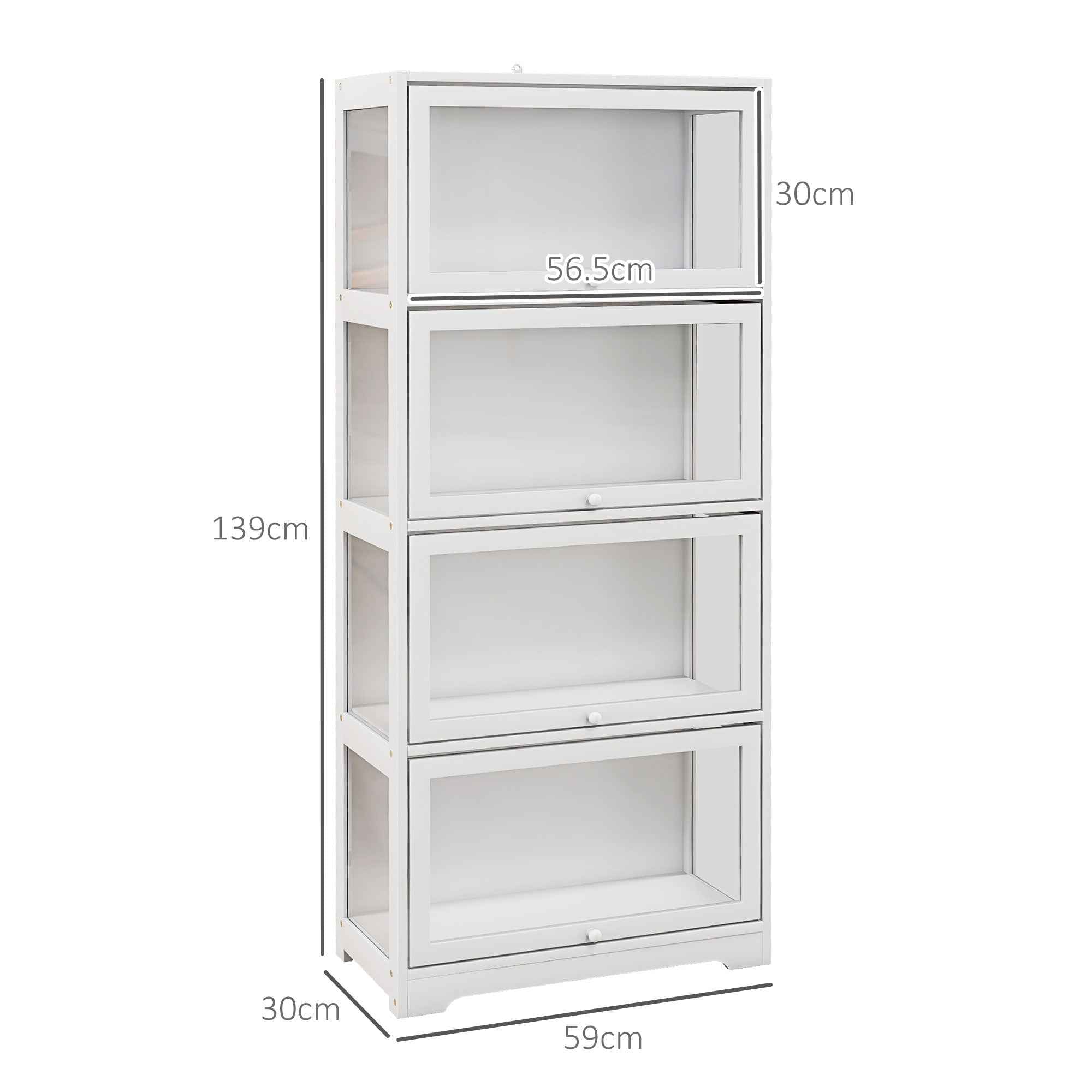 HOMCOM 4-Tier Collection Display Cabinet with Hinged Doors, Wood and Acrylic, 59x30x139 cm, White