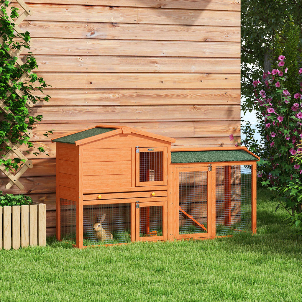 PawHut 2-Storey Outdoor Hutch in Fir Wood and Metal Wire, 150x45x85 cm, Orange - Borgè